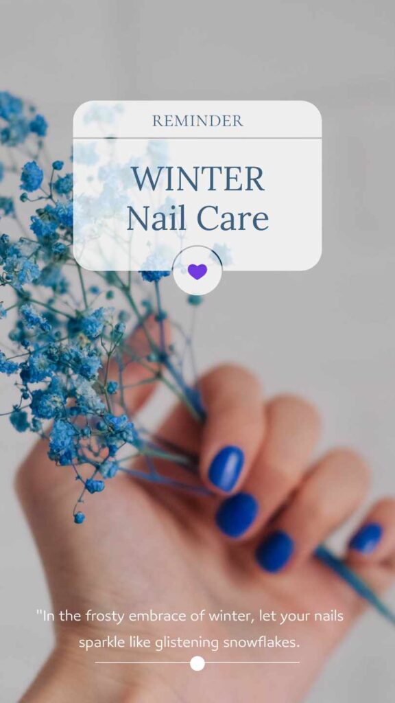 A close-up image of a pair of hands holding a bottle of moisturizing nail oil, surrounded by winter-themed decorations. The hands are well-groomed, with neatly shaped nails and a subtle winter nail polish.