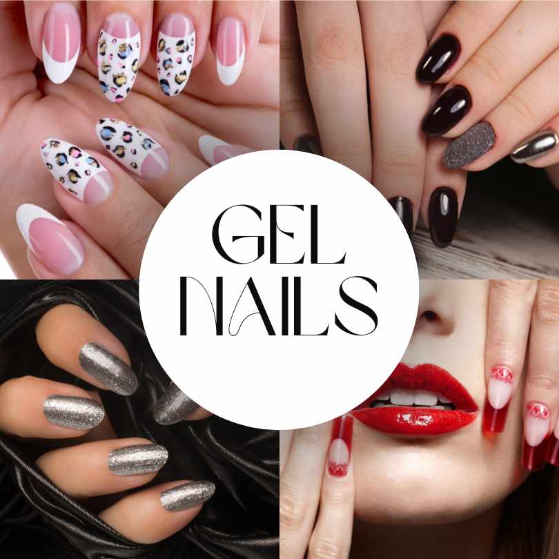 Display of gel nails, exemplifying their lustrous appearance and impeccable craftsmanship, offering long-lasting beauty and a touch of glamour to any look.