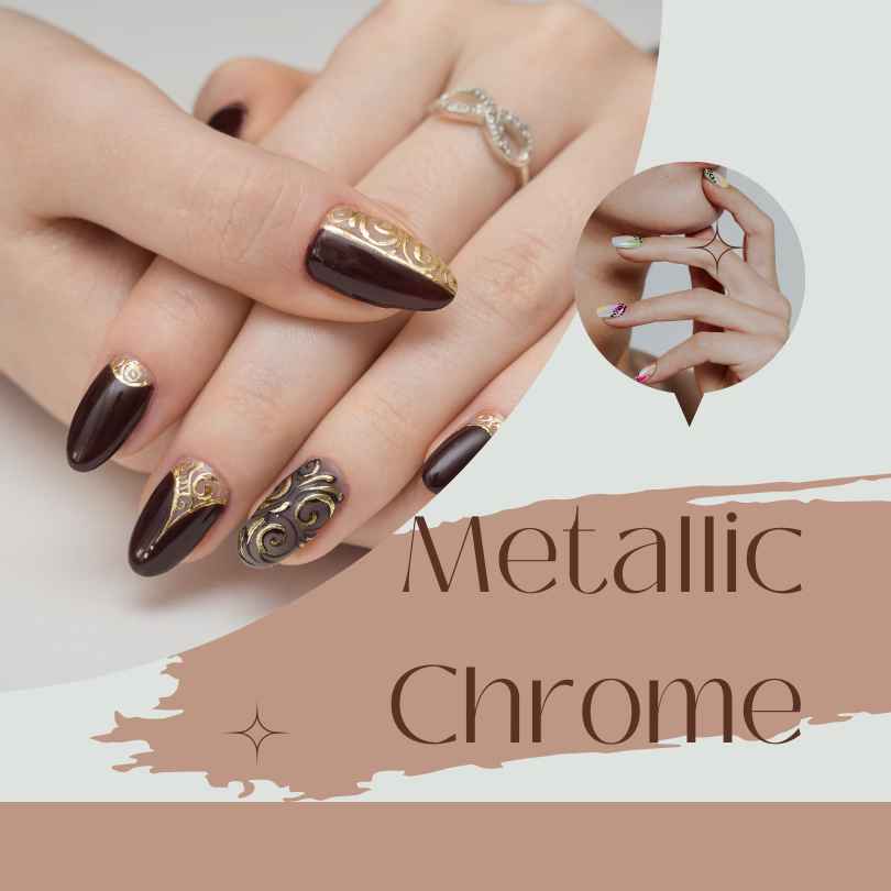 Hand displaying nails painted with a stunning metallic chrome nail color, featuring a lustrous and mirror-like finish that adds a touch of sophistication and glamour to any look.