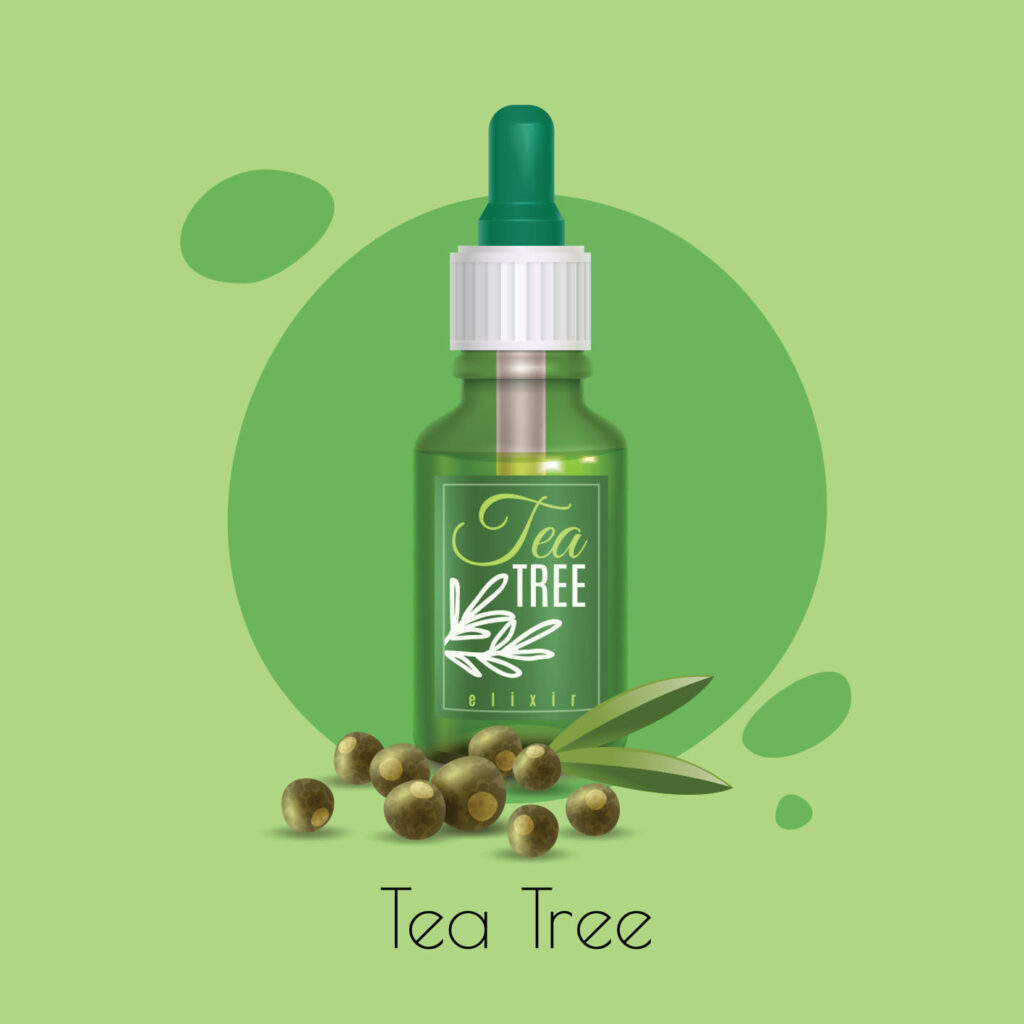 Budget-Friendly Ways to Remove Acne through Tea Tree Oil - A bottle of tea tree essential oil surrounded by natural skincare ingredients, highlighting cost-effective methods for treating acne.