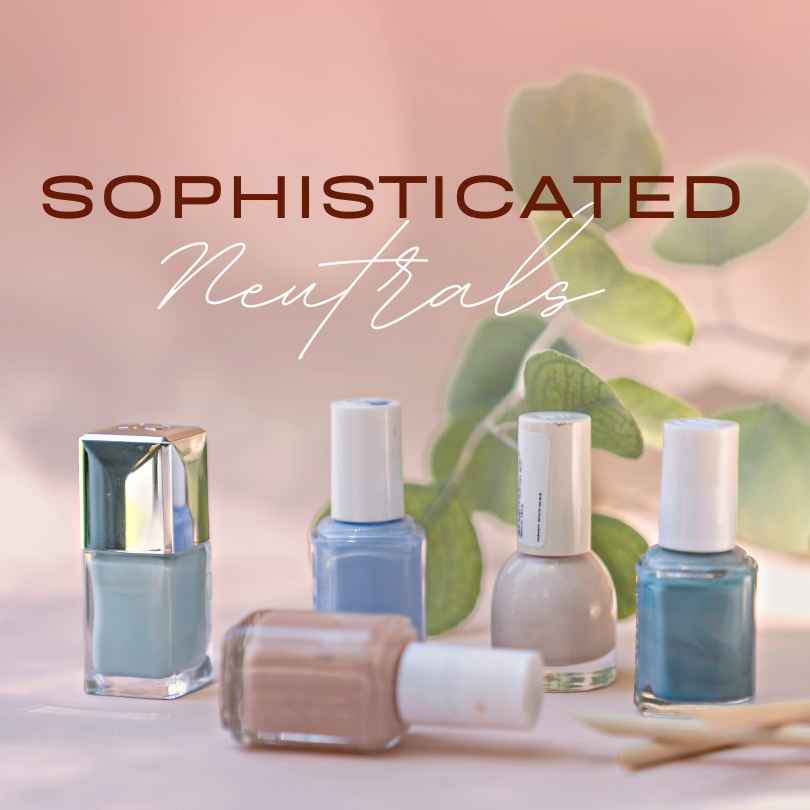 Nail colors in sophisticated neutrals, including soft beige, muted greys, and delicate taupe shades. These versatile hues offer a timeless and polished look, suitable for any occasion or outfit.
