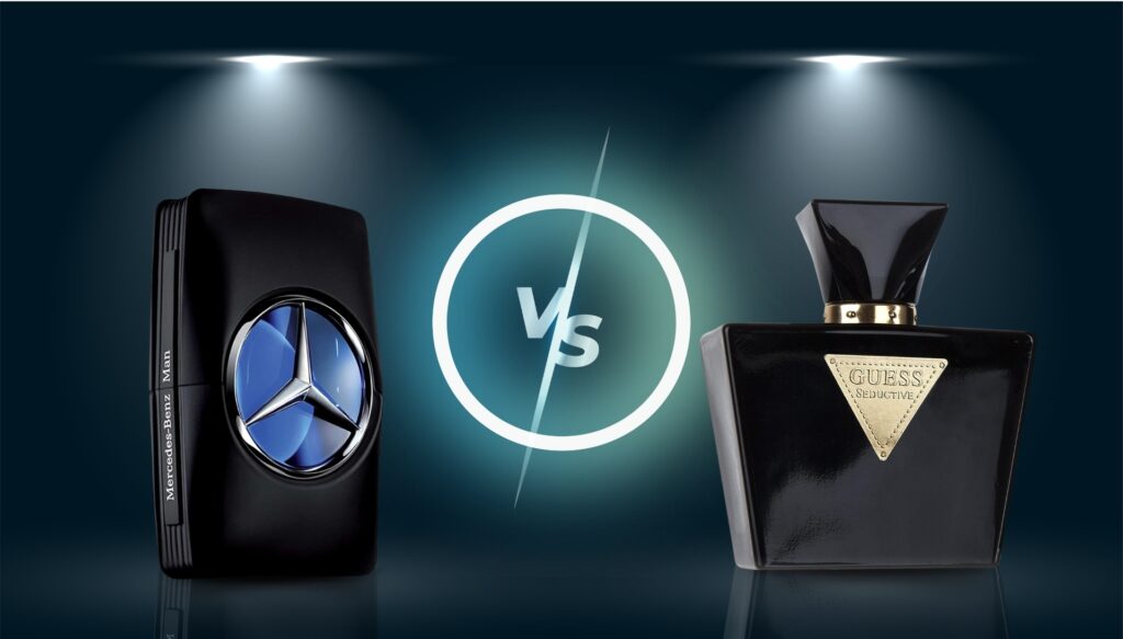 Two bottles of Eau De Toilette - one from Mercedes Benz and one from Guess Seductive.