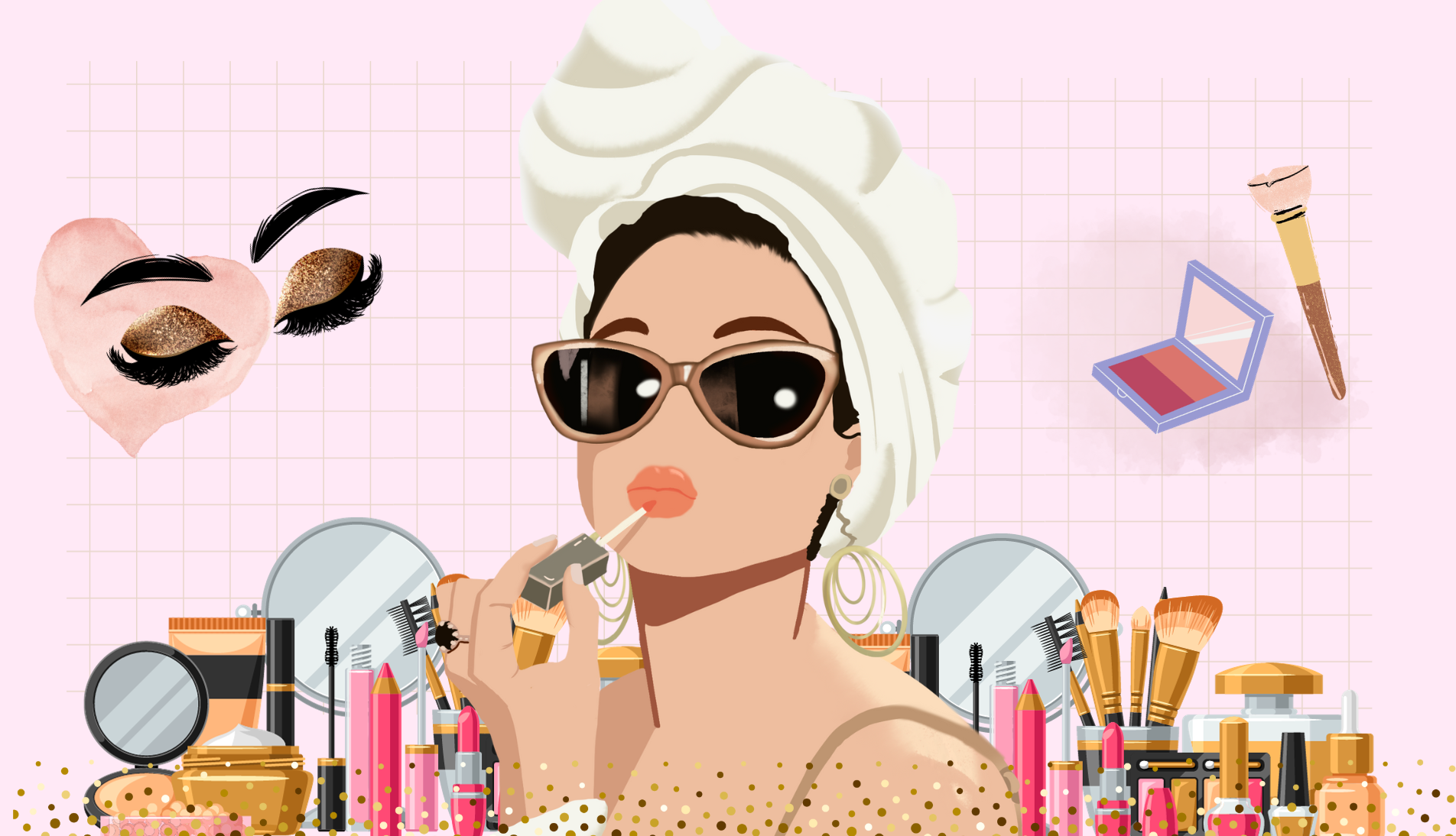 Illustration of various makeup products suitable for beginners.
