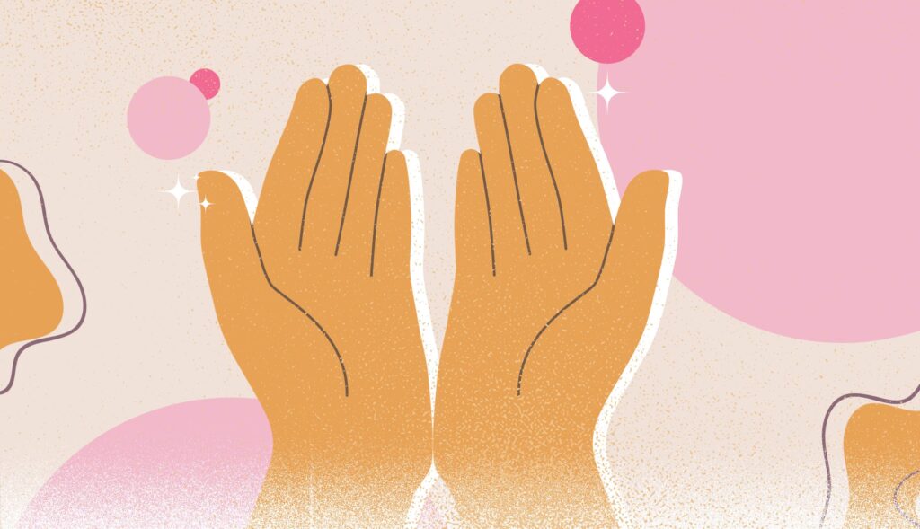 Illustration of hands receiving moisturizing treatment.