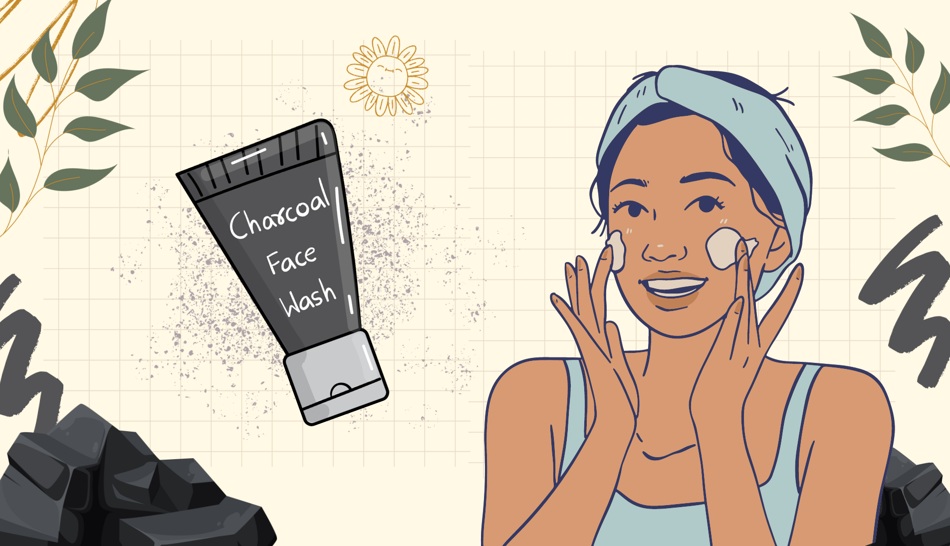 Illustration of a charcoal face wash container with activated charcoal particles.