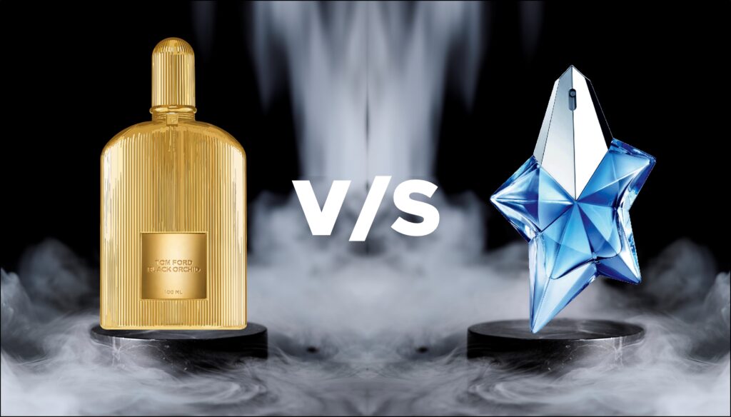 Two elegant fragrance bottles - Tom Ford Orchid and Thierry Mugler Angel.