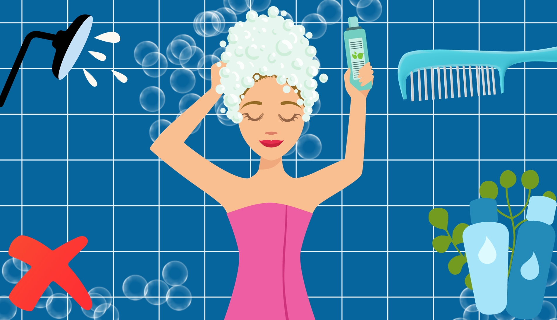 Illustration of various hair shampoo bottles with a caution sign.