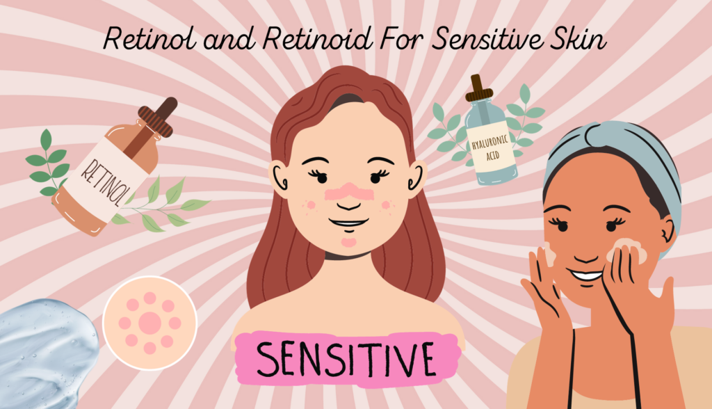 Illustration of a girl holding a bottle of retinol serum.