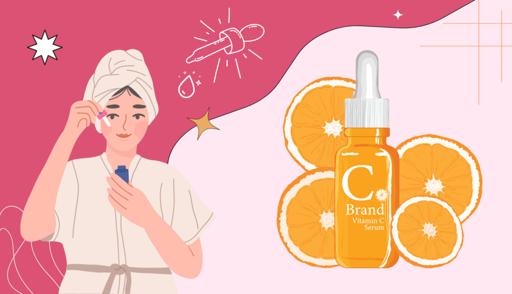 Illustration of a hand applying vitamin C serum on a face.