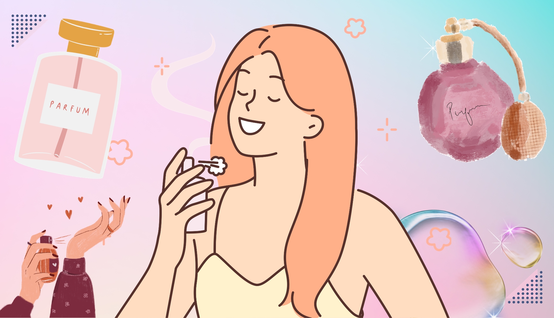 illustration of a girl applying perfume layering techniques for long lasting scent
