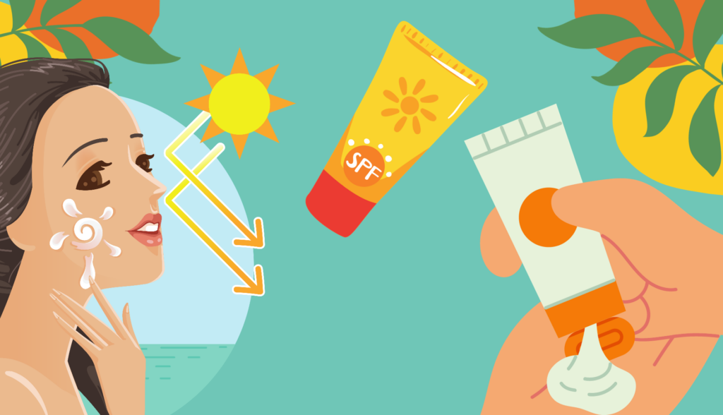 Illustration of a sunscreen bottle and sun rays.