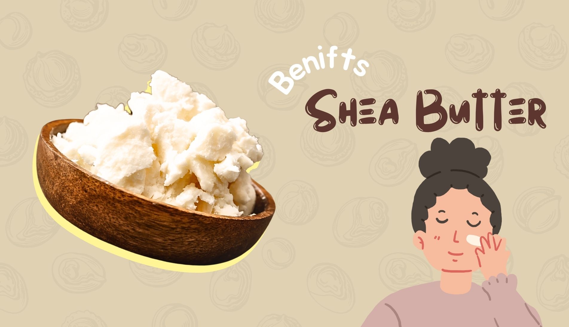 Illustration of shea butter and its application on a brightening face.