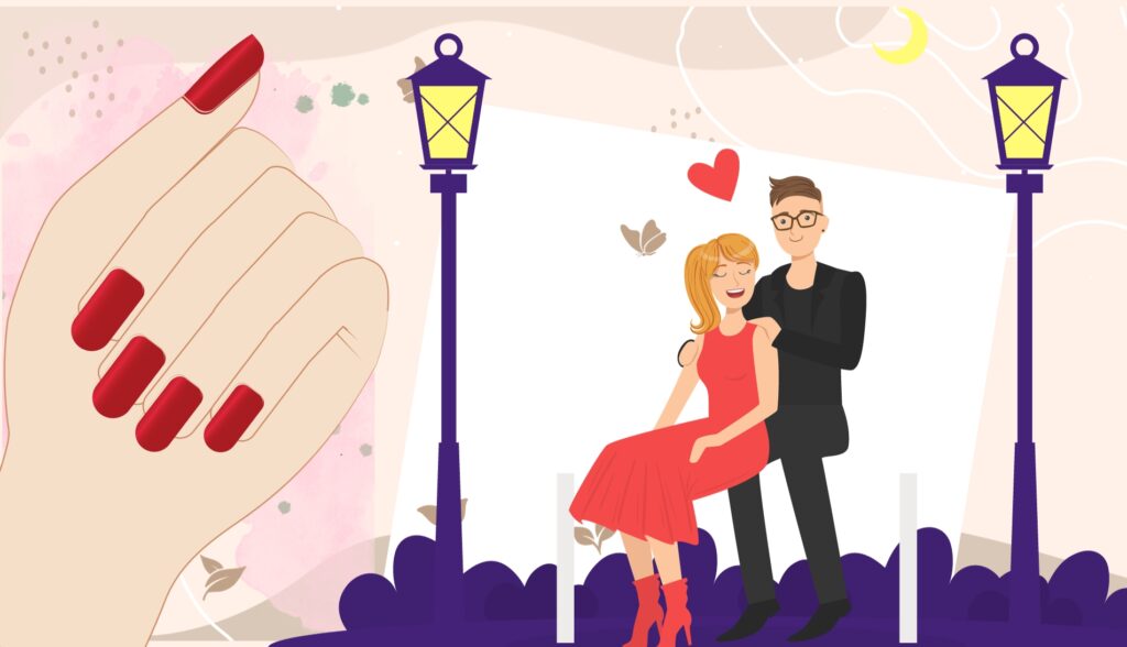 Illustration showcasing elegant and romantic nail art designs for date night.