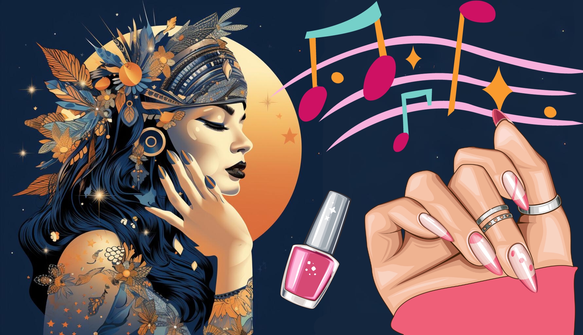 Illustration showcasing vibrant and creative nail art designs perfect for music festivals.